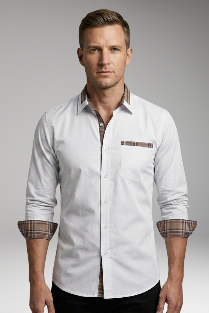 Men's Shirt with Long Sleeves and Checkered Cuffs