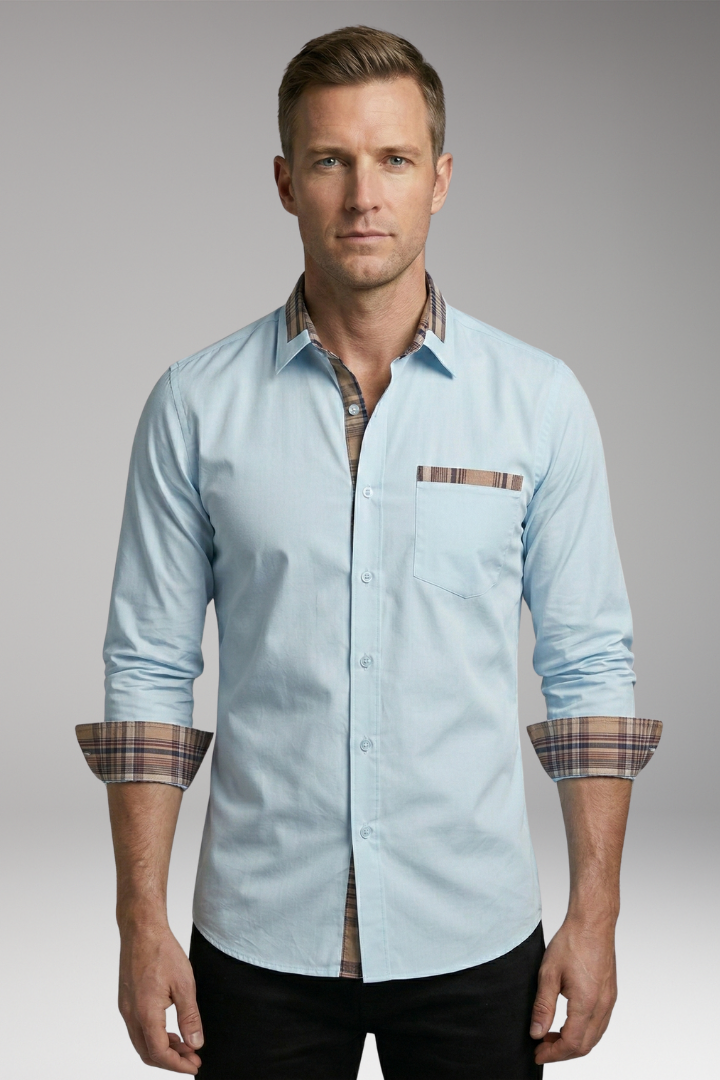 Men's Shirt with Long Sleeves and Checkered Cuffs