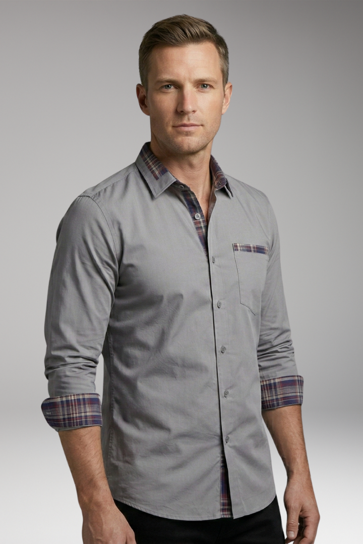 Men's Shirt with Long Sleeves and Checkered Cuffs