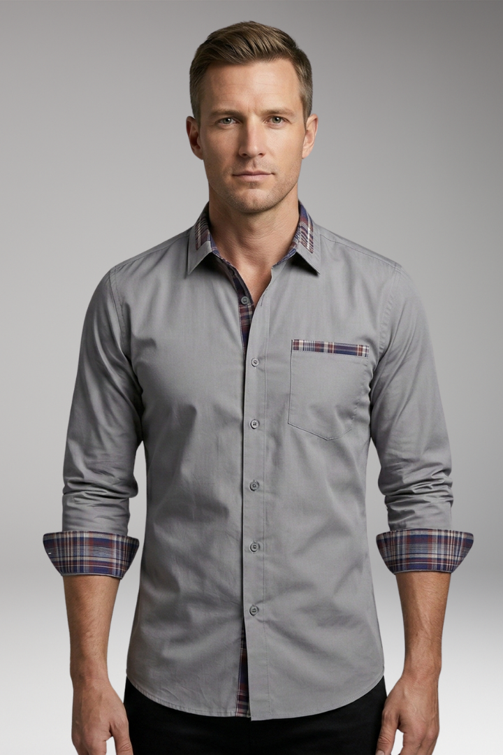 Men's Shirt with Long Sleeves and Checkered Cuffs