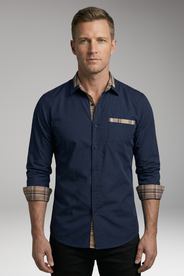 Men's Shirt with Long Sleeves and Checkered Cuffs