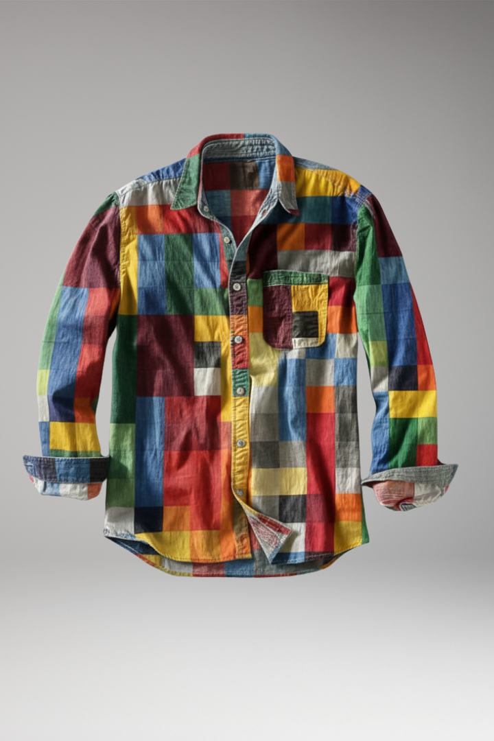 Men’s Shirt with Patchwork Panels and Chest Pocket