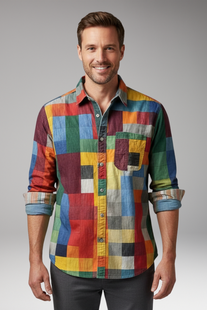 Men’s Shirt with Patchwork Panels and Chest Pocket