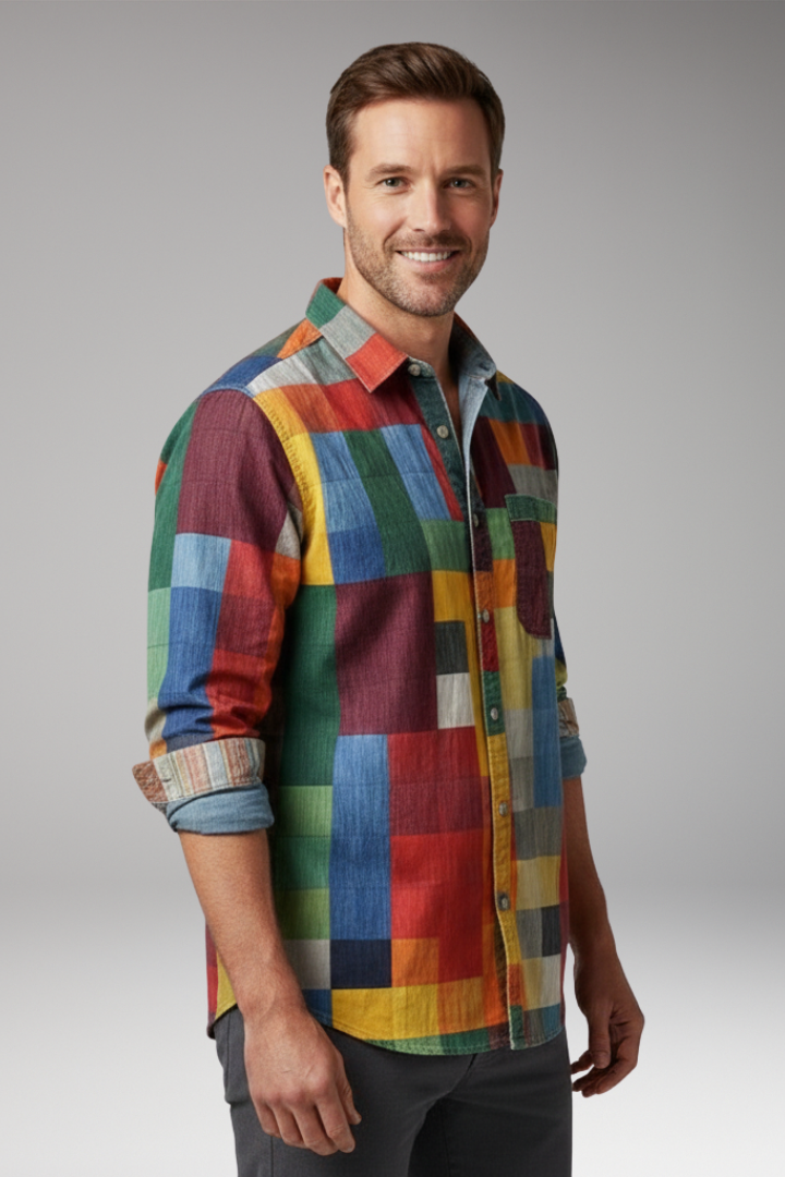 Men’s Shirt with Patchwork Panels and Chest Pocket