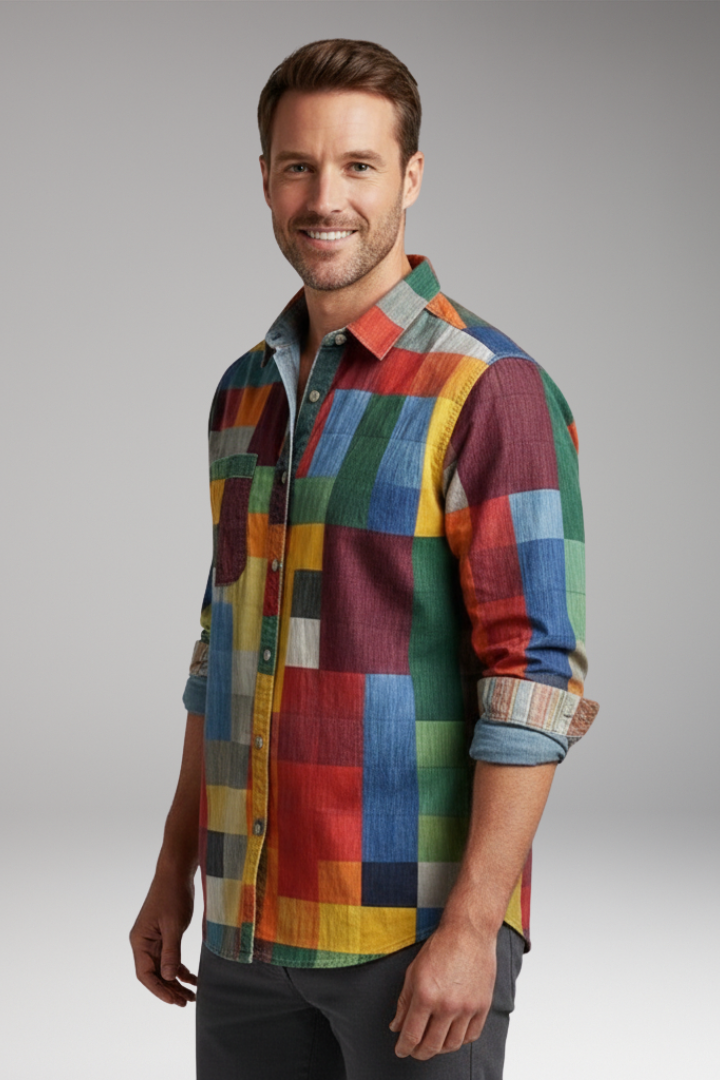 Men’s Shirt with Patchwork Panels and Chest Pocket