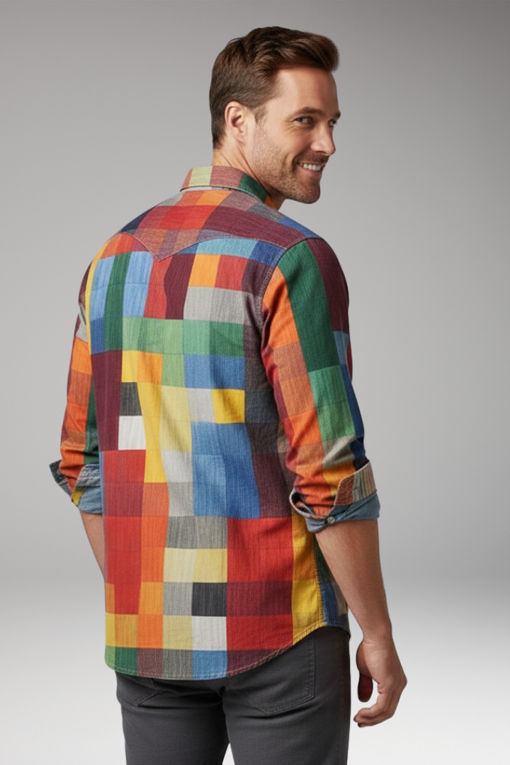 Men’s Shirt with Patchwork Panels and Chest Pocket