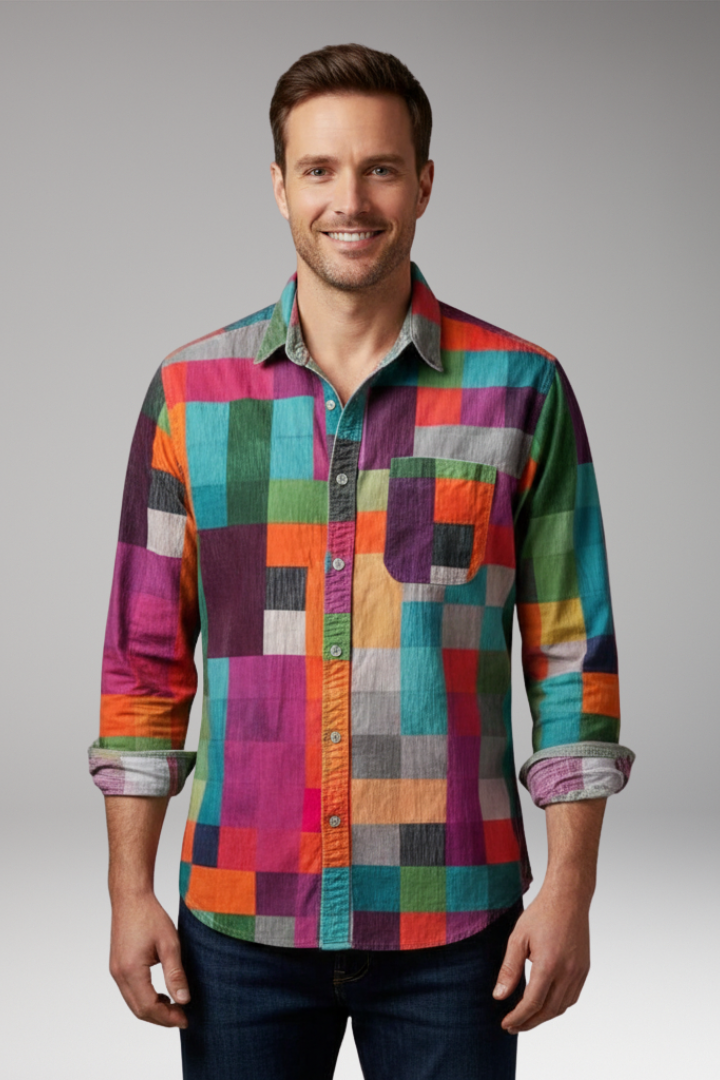 Men’s Shirt with Patchwork Panels and Chest Pocket