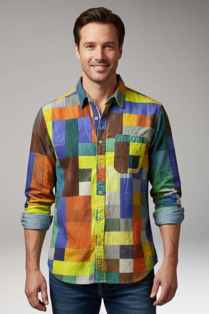 Men’s Shirt with Patchwork Panels and Chest Pocket