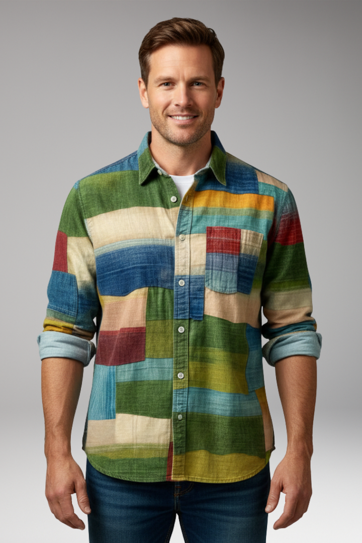 Men’s Shirt with Patchwork Panels and Chest Pocket