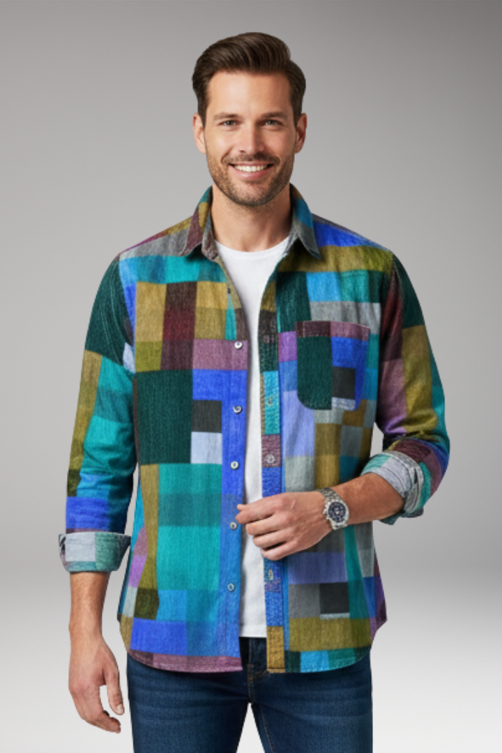 Men’s Shirt with Patchwork Panels and Chest Pocket