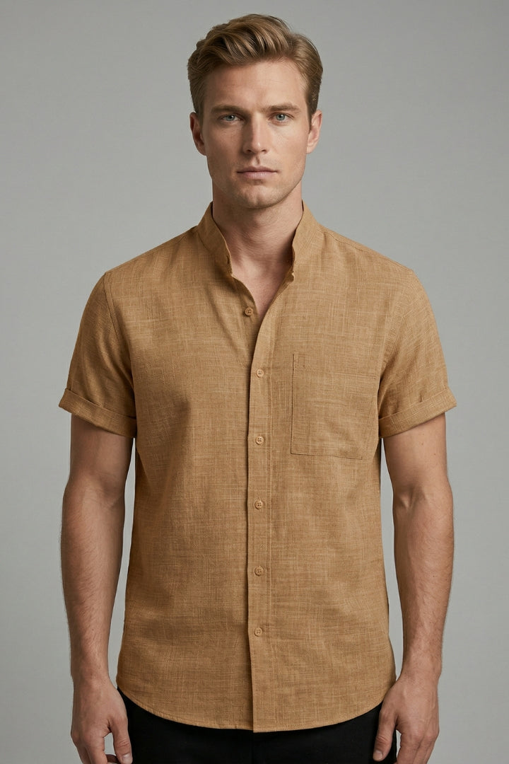 Men's Short-Sleeved Shirt with Stand-Up Collar
