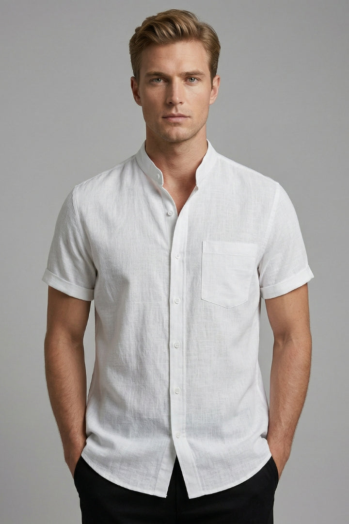Men's Short-Sleeved Shirt with Stand-Up Collar