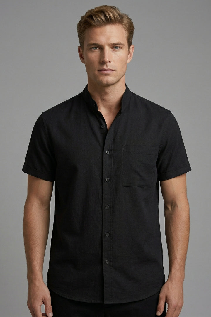 Men's Short-Sleeved Shirt with Stand-Up Collar