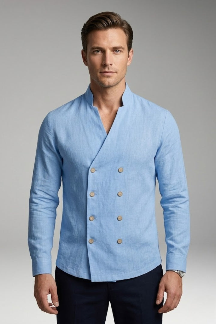 Men's Shirt with Stand-Up Collar and Decorative Buttons