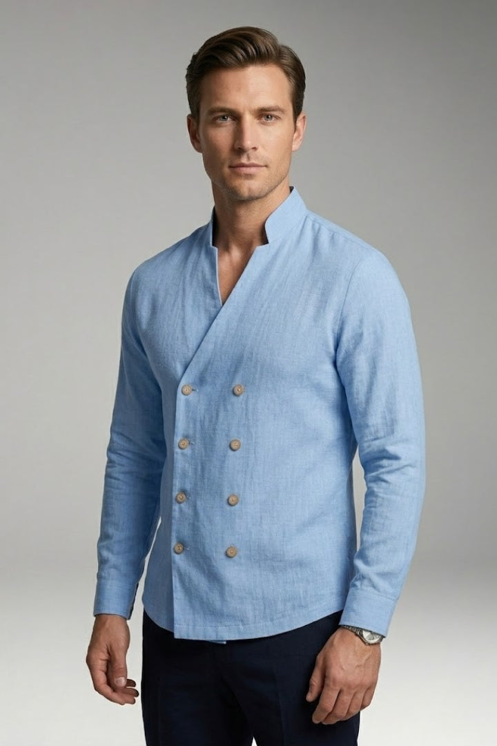Men's Shirt with Stand-Up Collar and Decorative Buttons