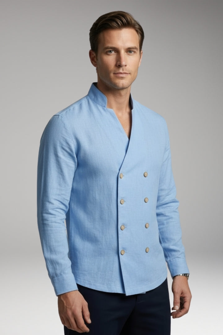 Men's Shirt with Stand-Up Collar and Decorative Buttons