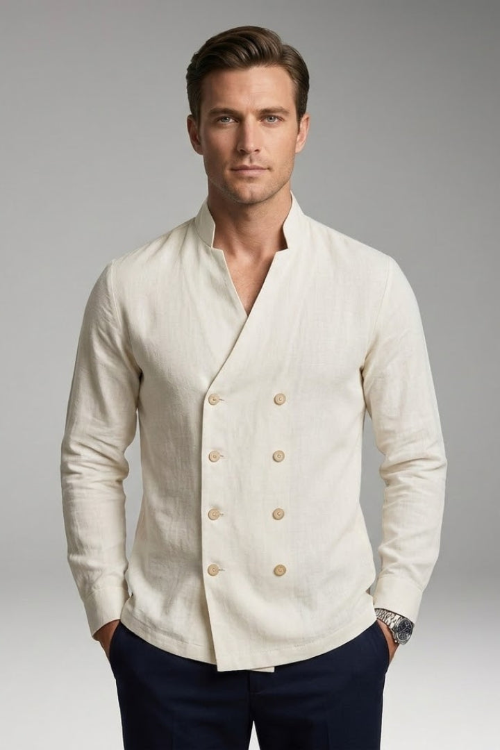 Men's Shirt with Stand-Up Collar and Decorative Buttons