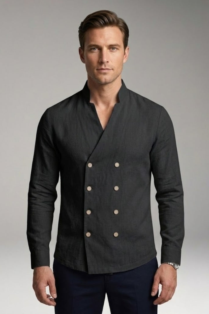 Men's Shirt with Stand-Up Collar and Decorative Buttons
