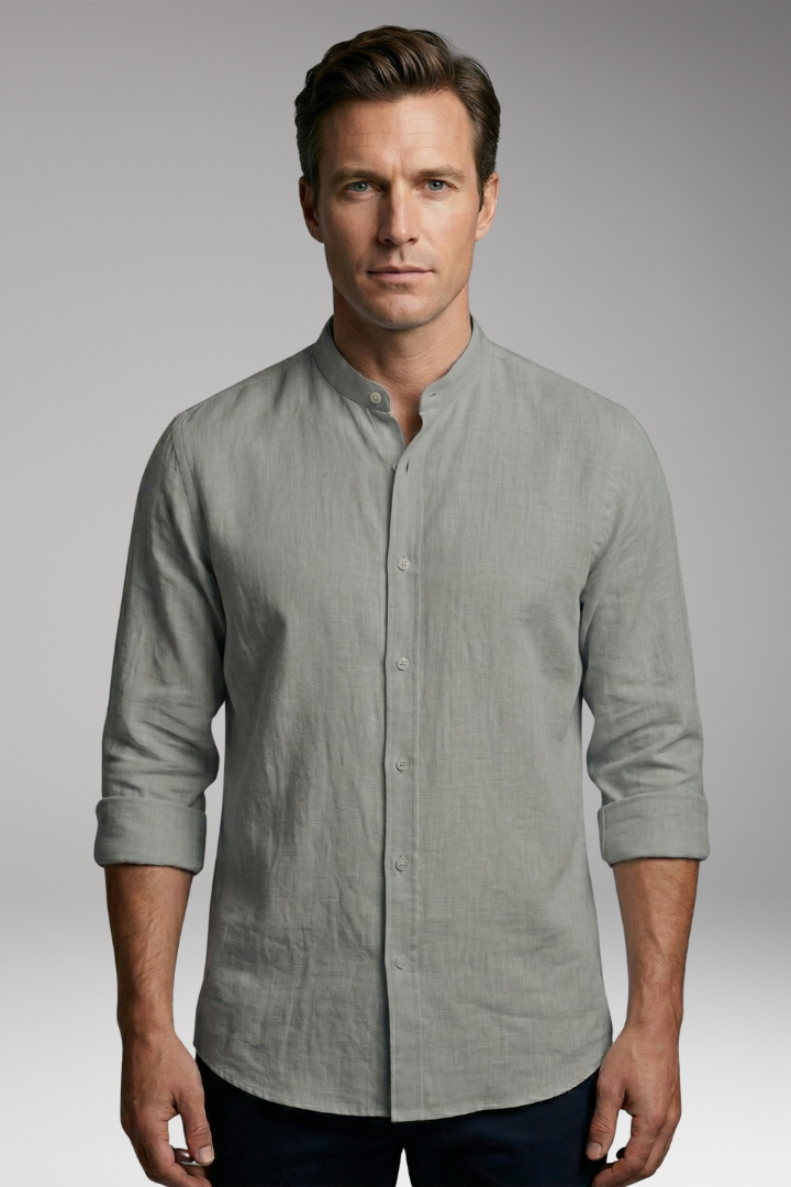 Men's Shirt with Stand-up Collar and Button Placket
