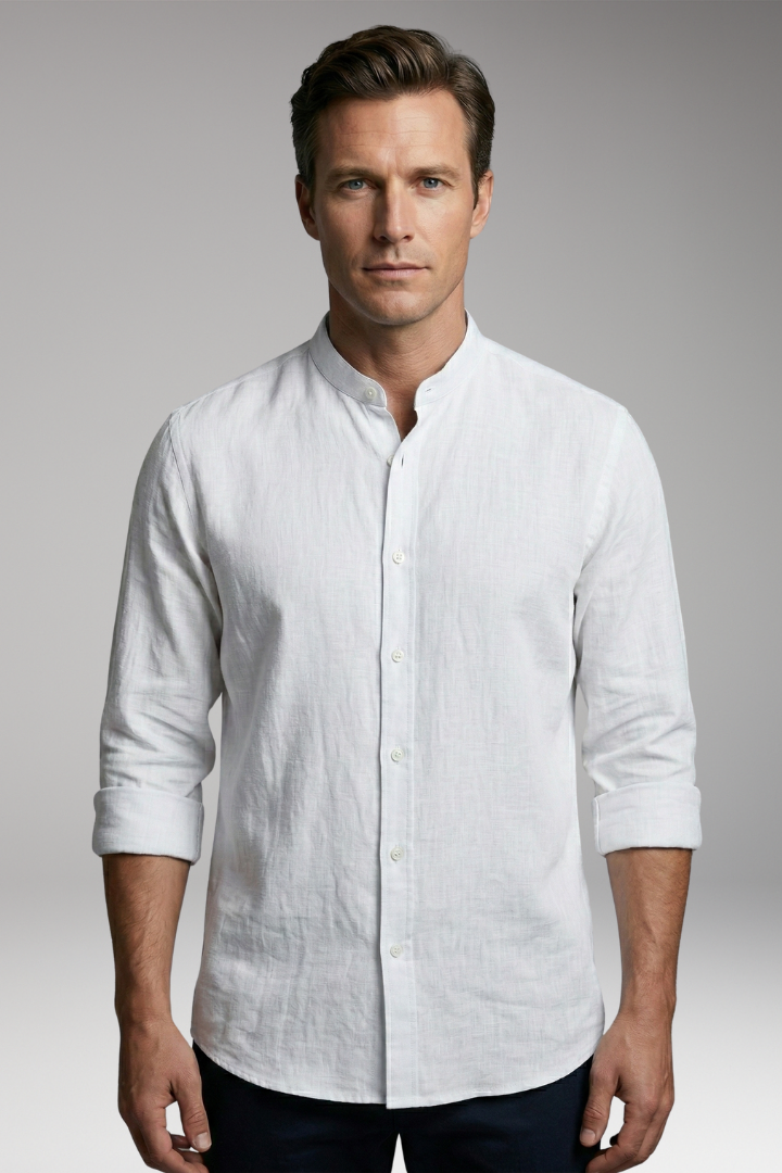 Men's Shirt with Stand-up Collar and Button Placket