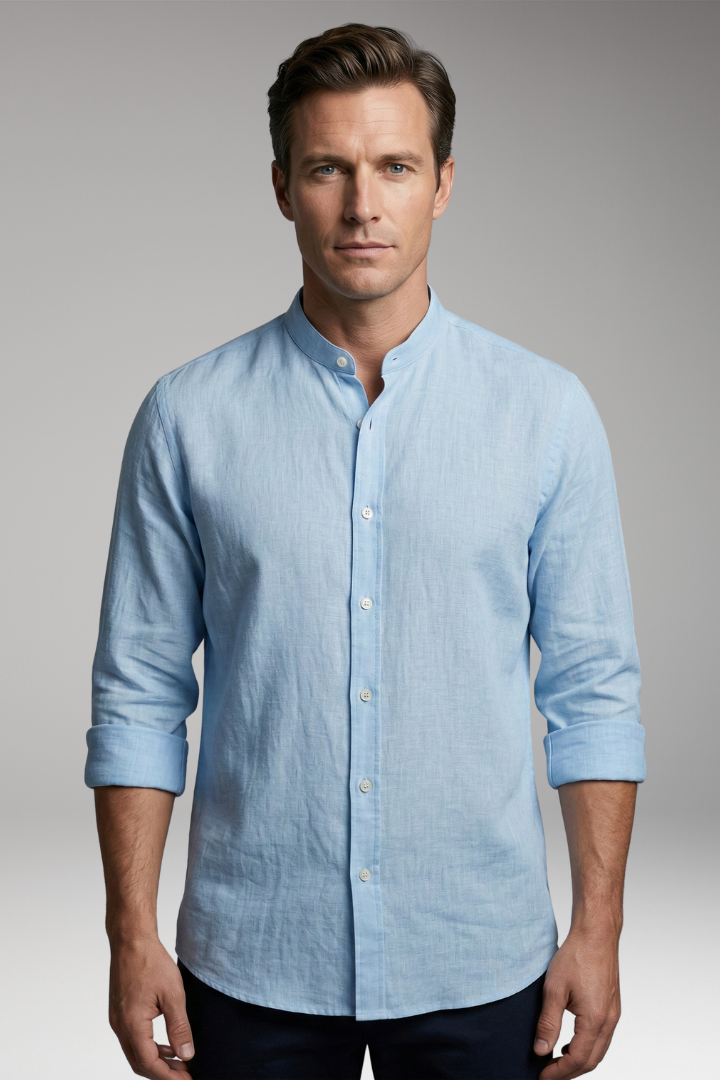 Men's Shirt with Stand-up Collar and Button Placket