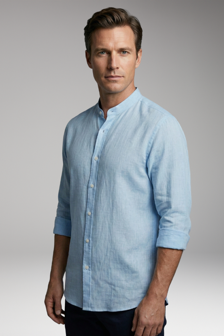 Men's Shirt with Stand-up Collar and Button Placket