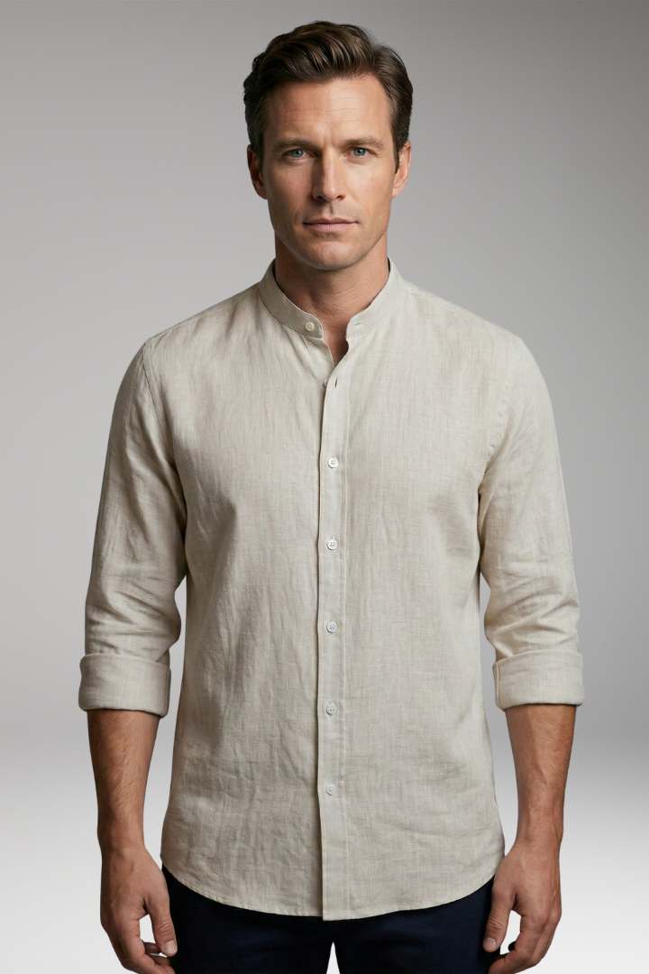 Men's Shirt with Stand-up Collar and Button Placket