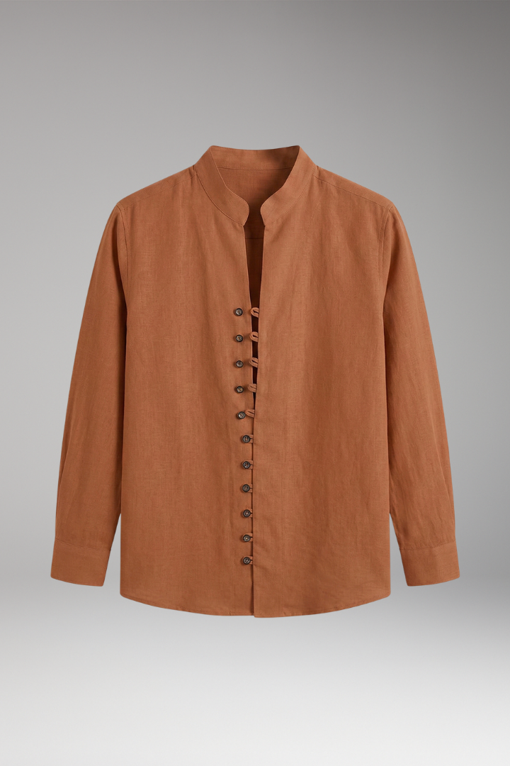Men's Shirt with Stand-up Collar and Rollable Sleeves