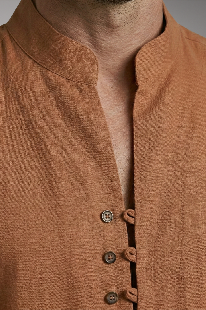 Men's Shirt with Stand-up Collar and Rollable Sleeves