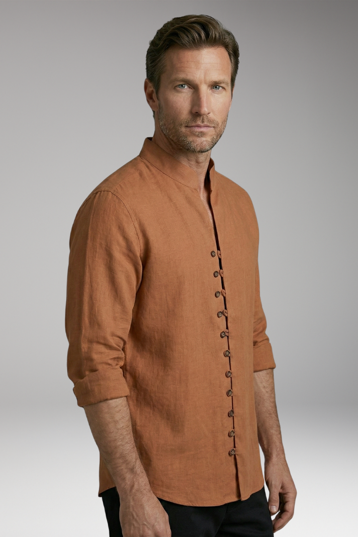 Men's Shirt with Stand-up Collar and Rollable Sleeves