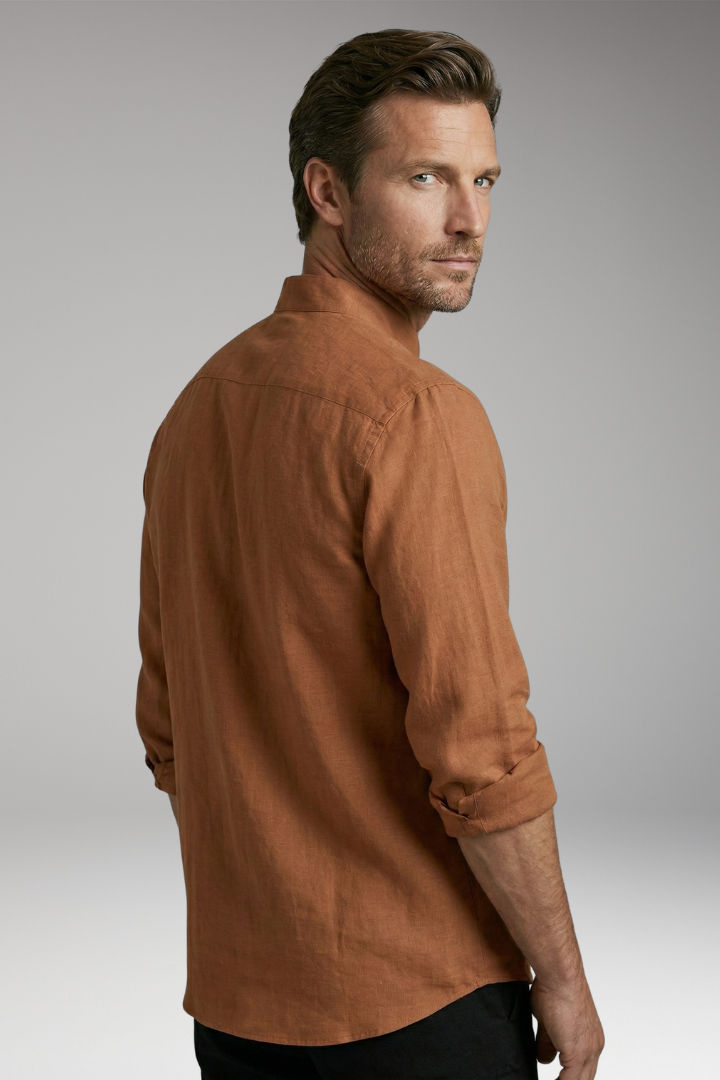 Men's Shirt with Stand-up Collar and Rollable Sleeves
