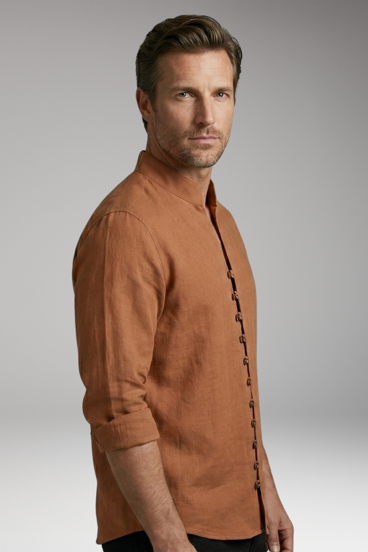 Men's Shirt with Stand-up Collar and Rollable Sleeves