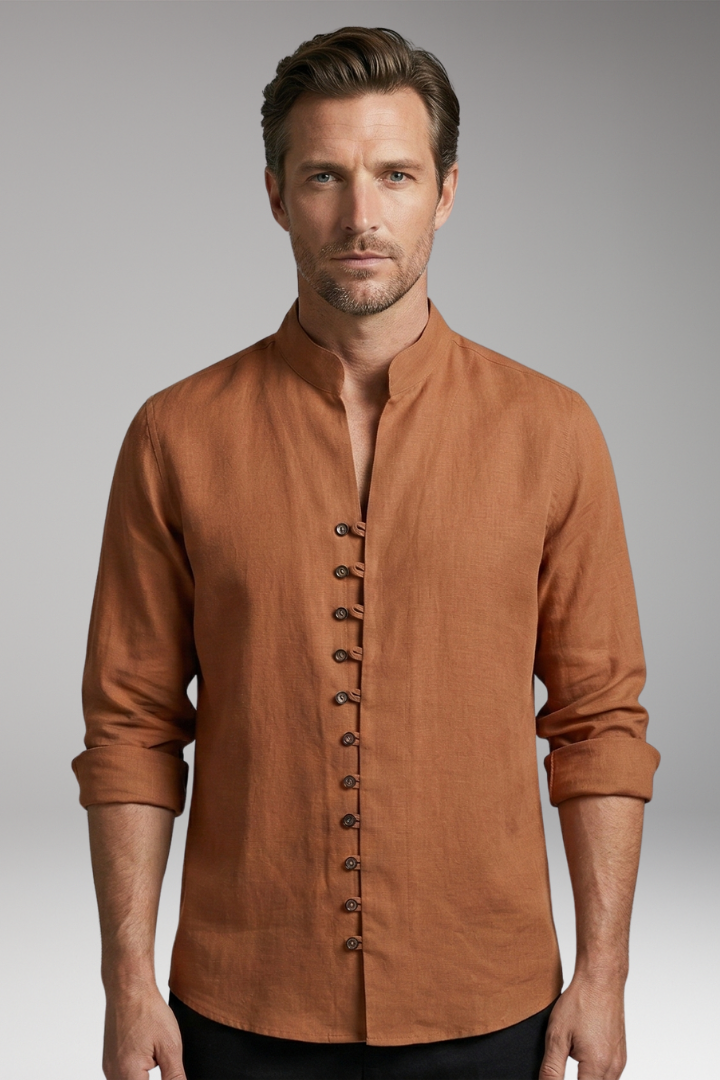 Men's Shirt with Stand-up Collar and Rollable Sleeves