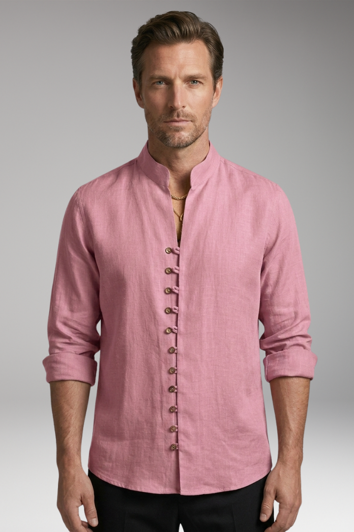 Men's Shirt with Stand-up Collar and Rollable Sleeves