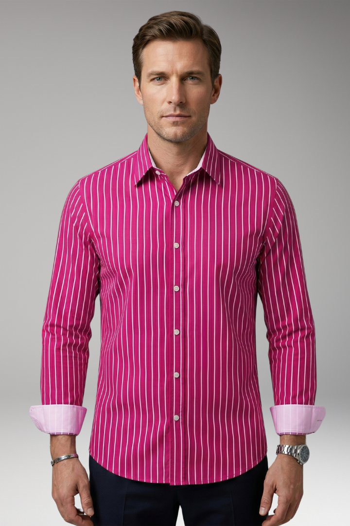 Men's Shirt with Striped Design and Lapel Collar