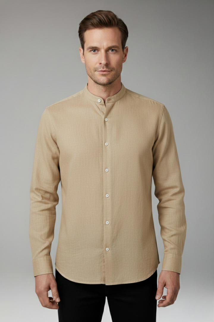 Men's Shirt with Striped Pattern and Stand-up Collar
