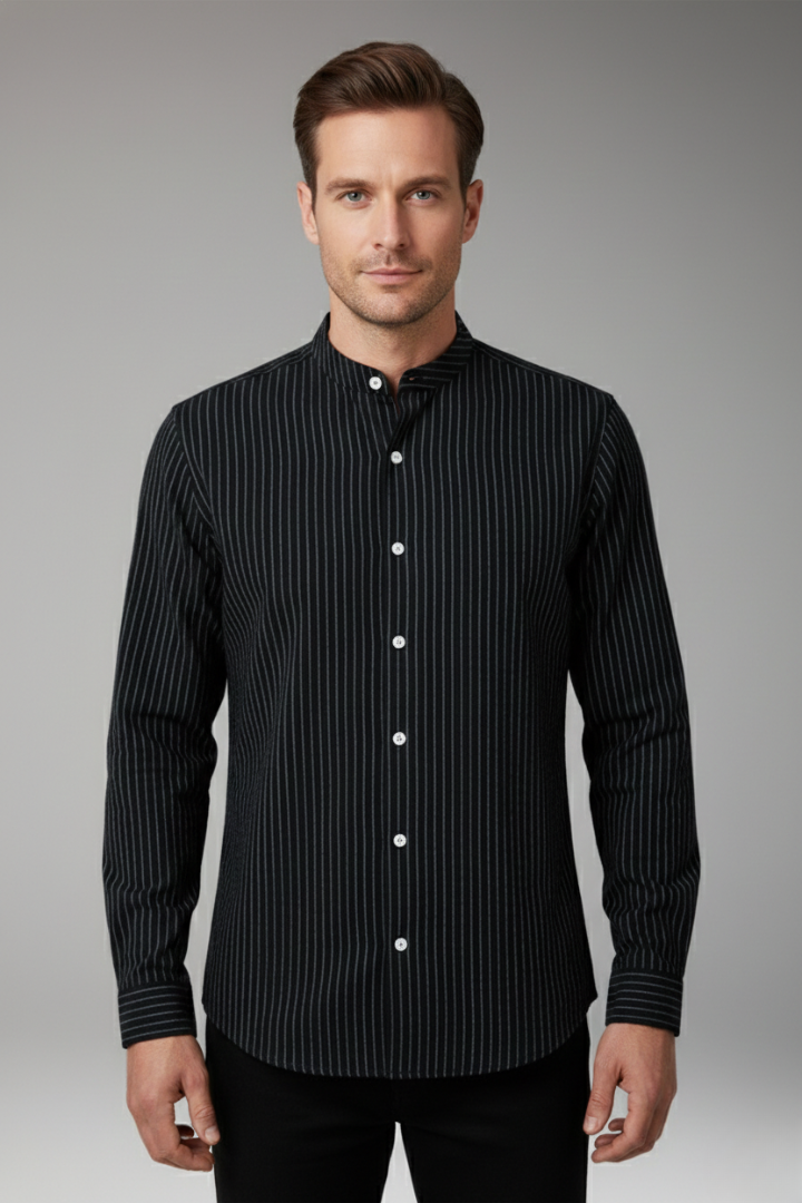 Men's Shirt with Striped Pattern and Stand-up Collar