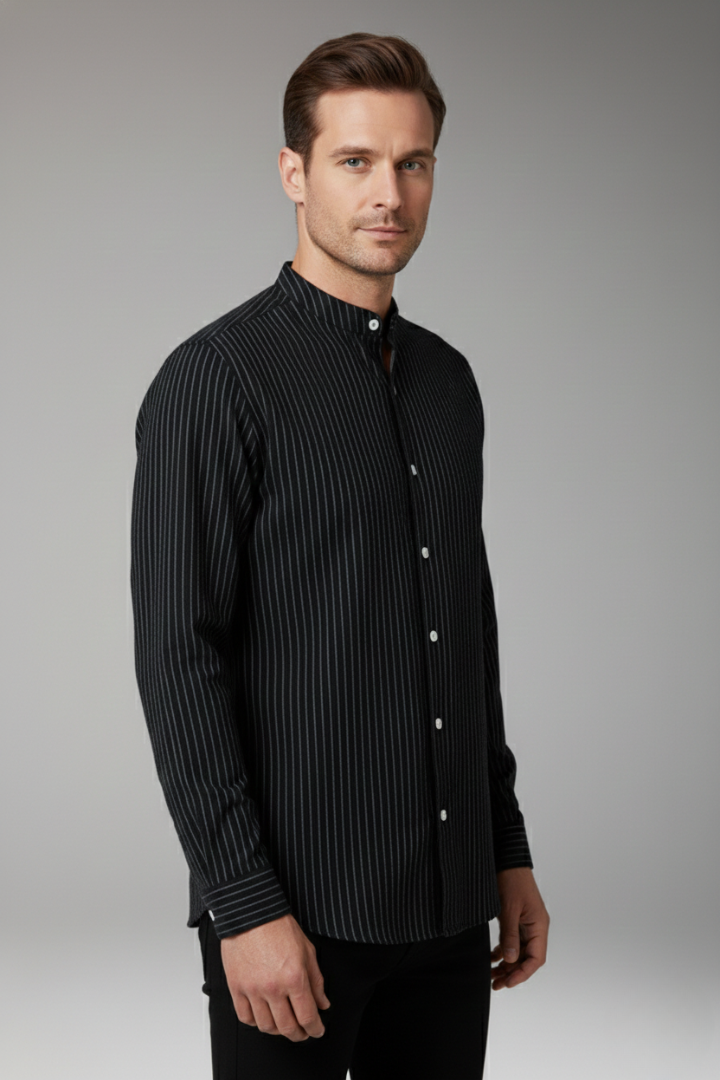 Men's Shirt with Striped Pattern and Stand-up Collar