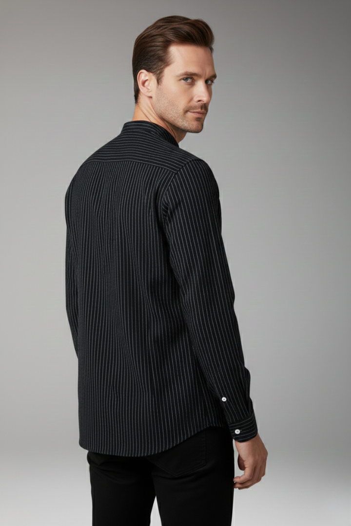 Men's Shirt with Striped Pattern and Stand-up Collar