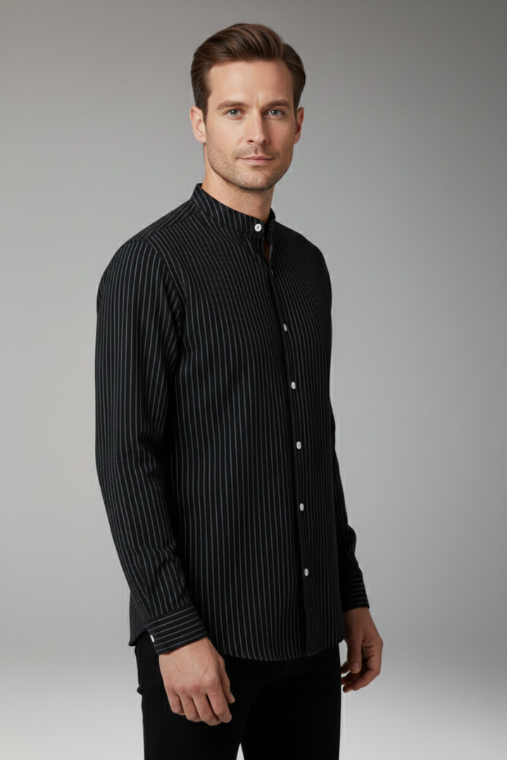 Men's Shirt with Striped Pattern and Stand-up Collar