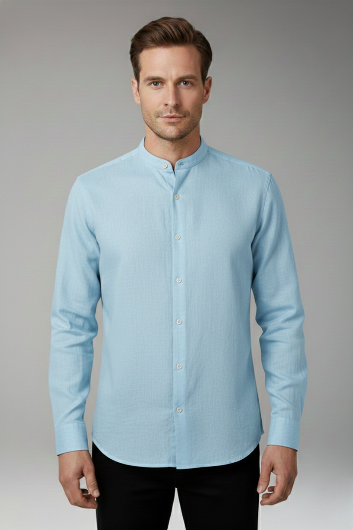 Men's Shirt with Striped Pattern and Stand-up Collar