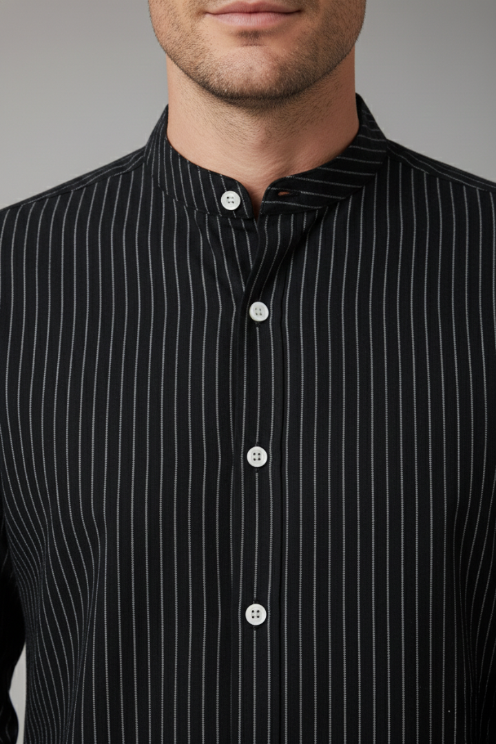 Men's Shirt with Striped Pattern and Stand-up Collar
