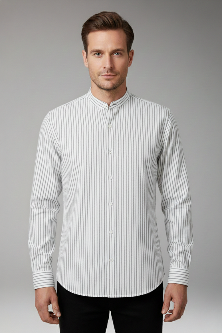Men's Shirt with Striped Pattern and Stand-up Collar