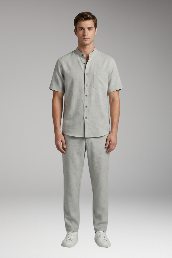 Men's Short-Sleeve Shirt and Long Trousers Set with Loose Fit