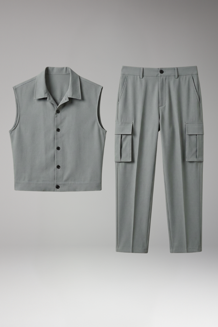 Men's Sleeveless Jumpsuit with Button Placket and Cargo Pockets