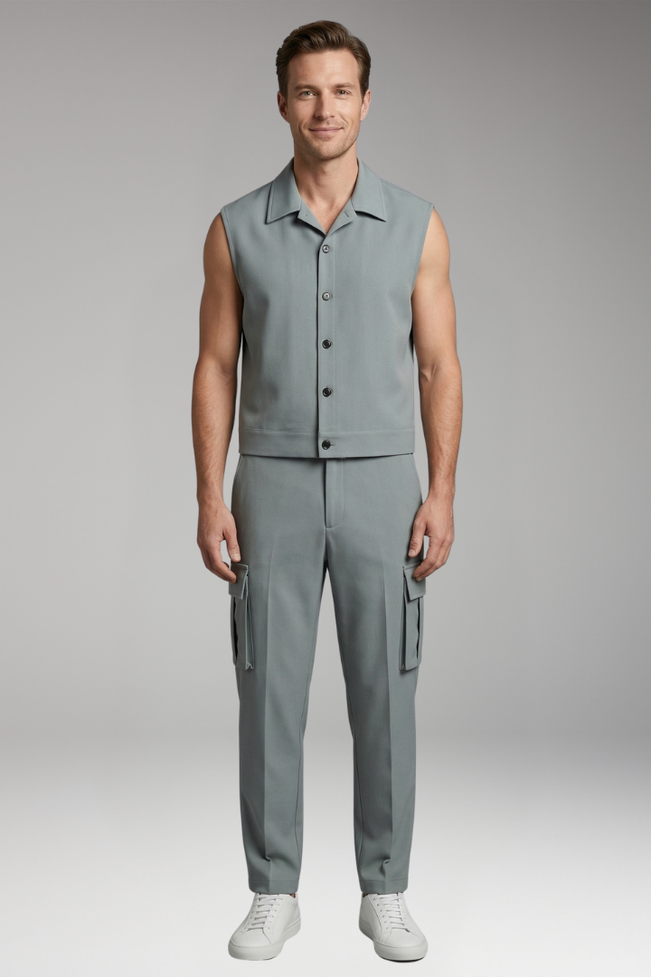 Men's Sleeveless Jumpsuit with Button Placket and Cargo Pockets