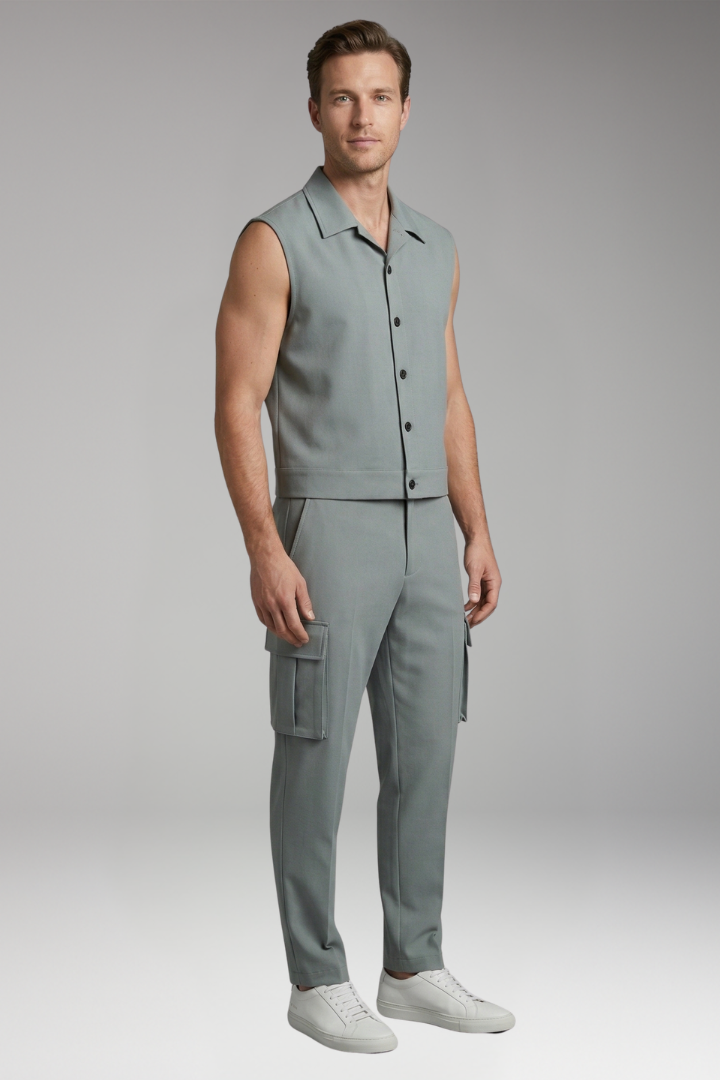 Men's Sleeveless Jumpsuit with Button Placket and Cargo Pockets