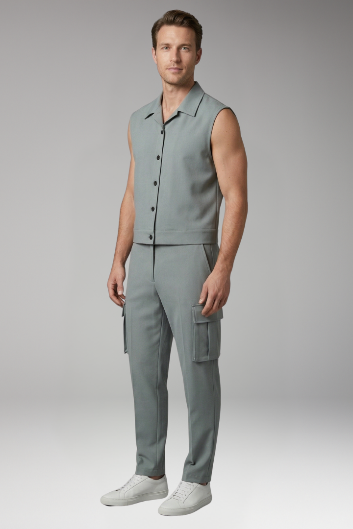 Men's Sleeveless Jumpsuit with Button Placket and Cargo Pockets