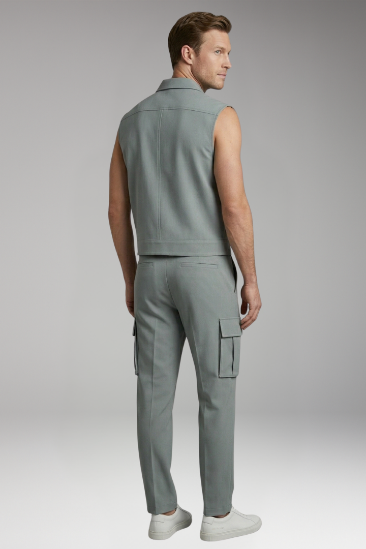 Men's Sleeveless Jumpsuit with Button Placket and Cargo Pockets