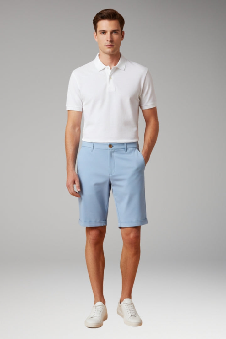 Men's Slim Fit Shorts with Button and Zip Fastening and Turn-Up Hems